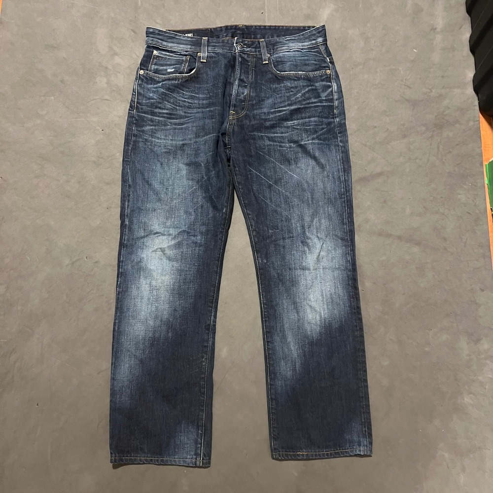 G-Star Raw 3301 Loose Baggy Mens Jeans 34x29 Dark Wash Blue‎ Denim Button Fly